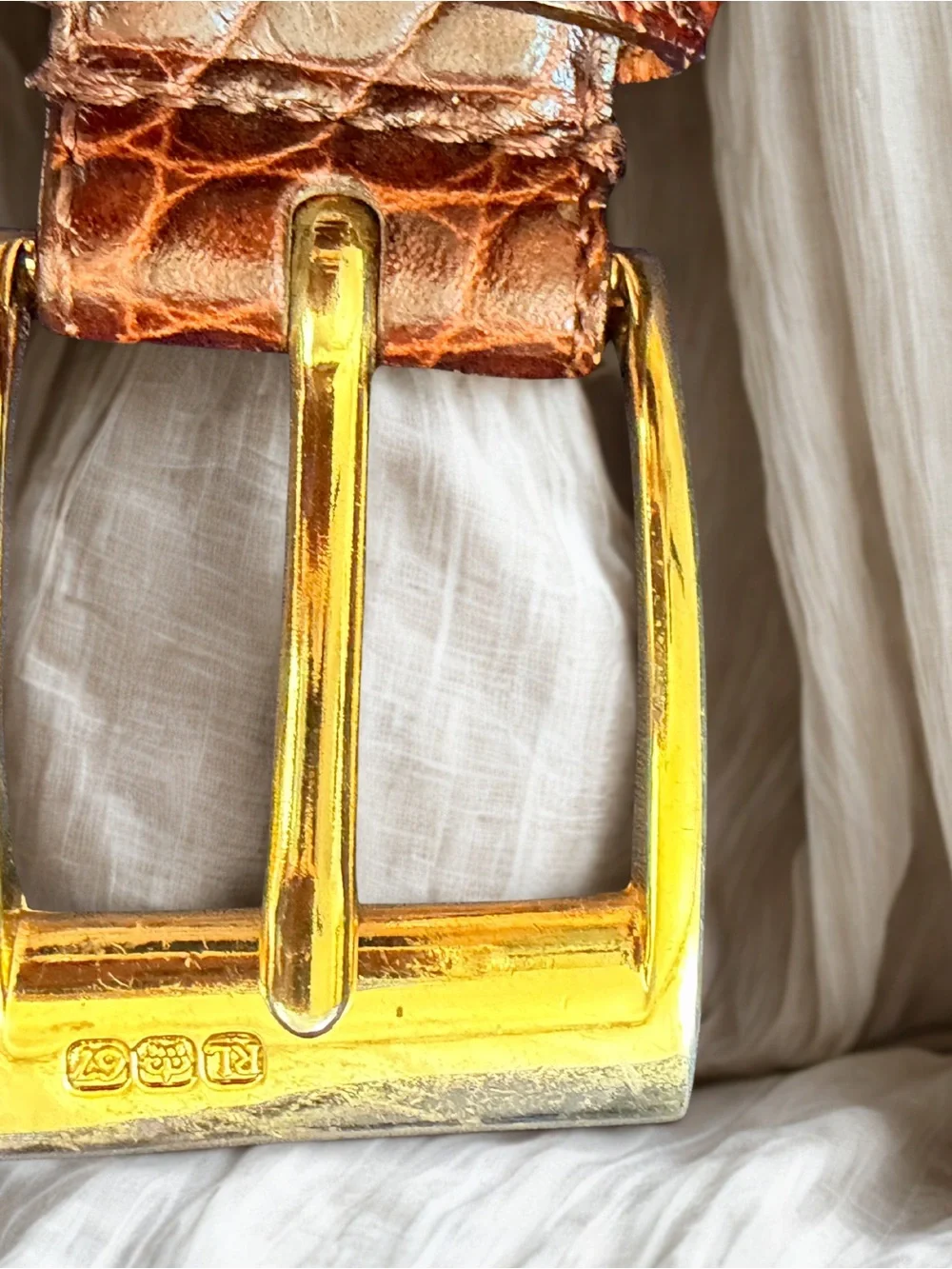 Ralph Lauren Brown Croc-Embossed Leather Belt with Gold Buckle